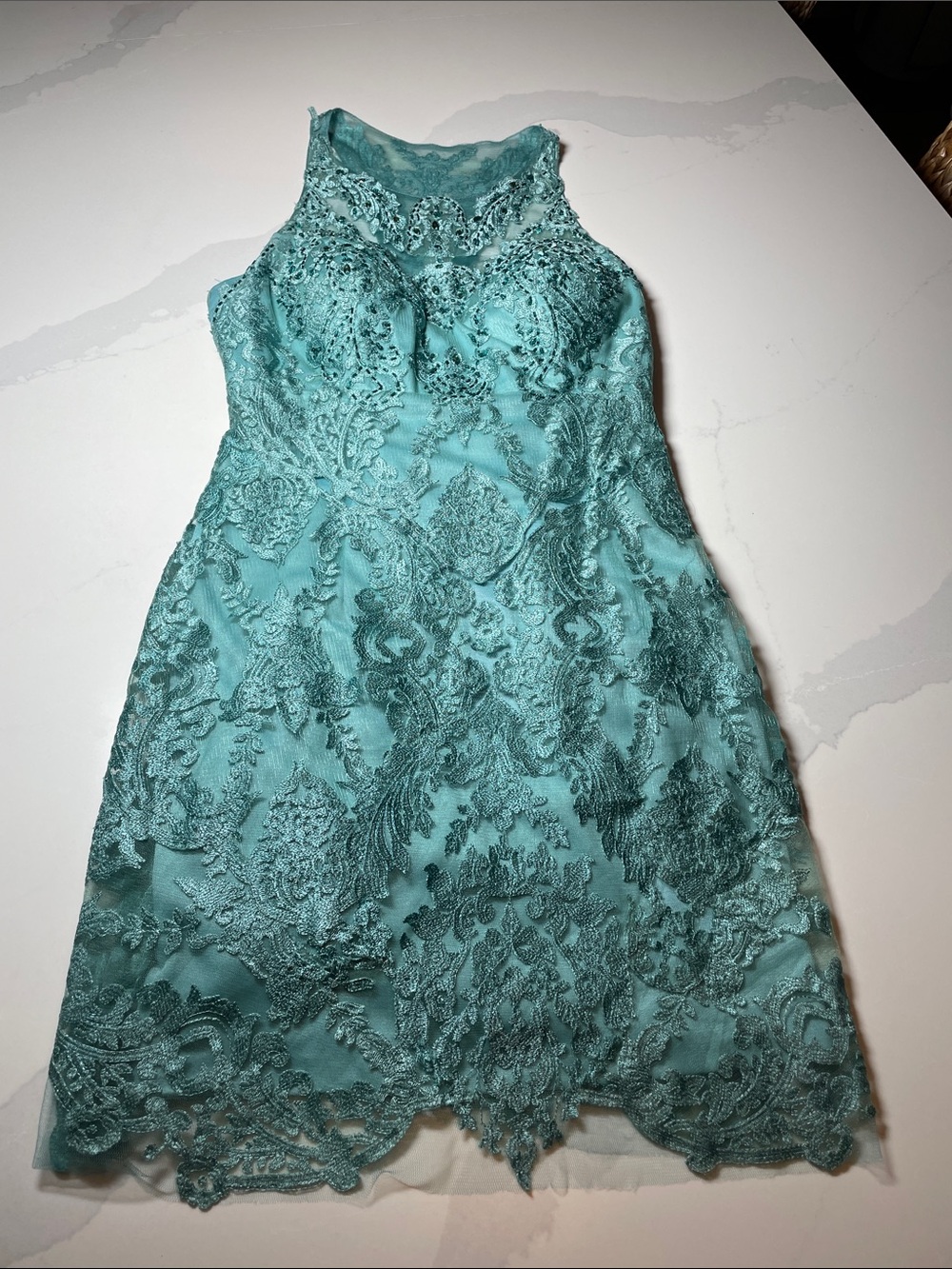 Teal Midi Dress lace overlay beaded and jeweled racerback. Whimsical, floral